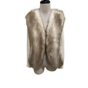LaSeine Women's Faux Fur Open Front Knit Cardigan Sweater White Tan Small
